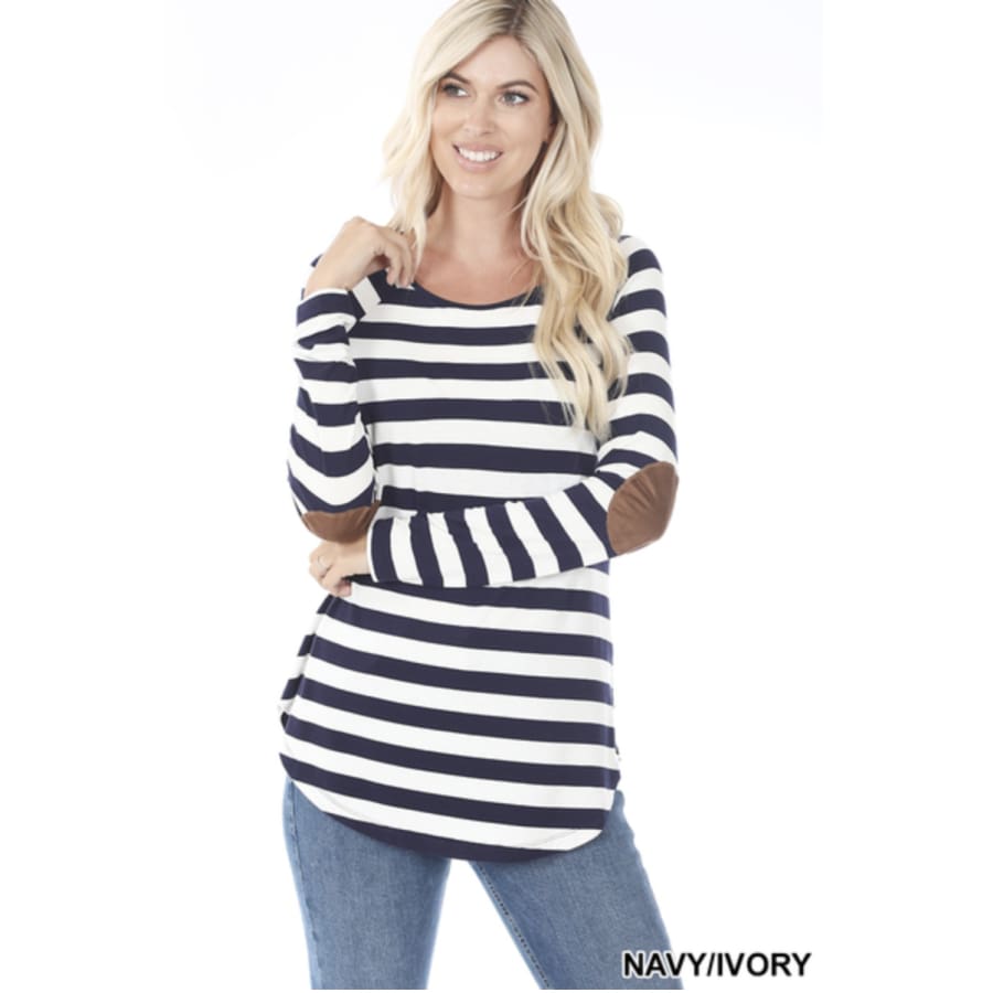 NEW! Striped Long Sleeve Boatneck Top with Elbow Patch Detail S / Navy/Ivory Tops