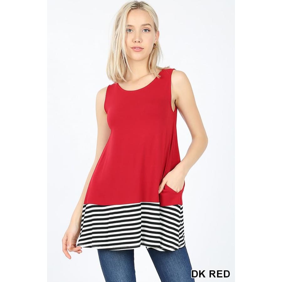 NEW! Striped &amp; Solid Contrast Sleeveless Top With Pockets Dark Red / S Tops
