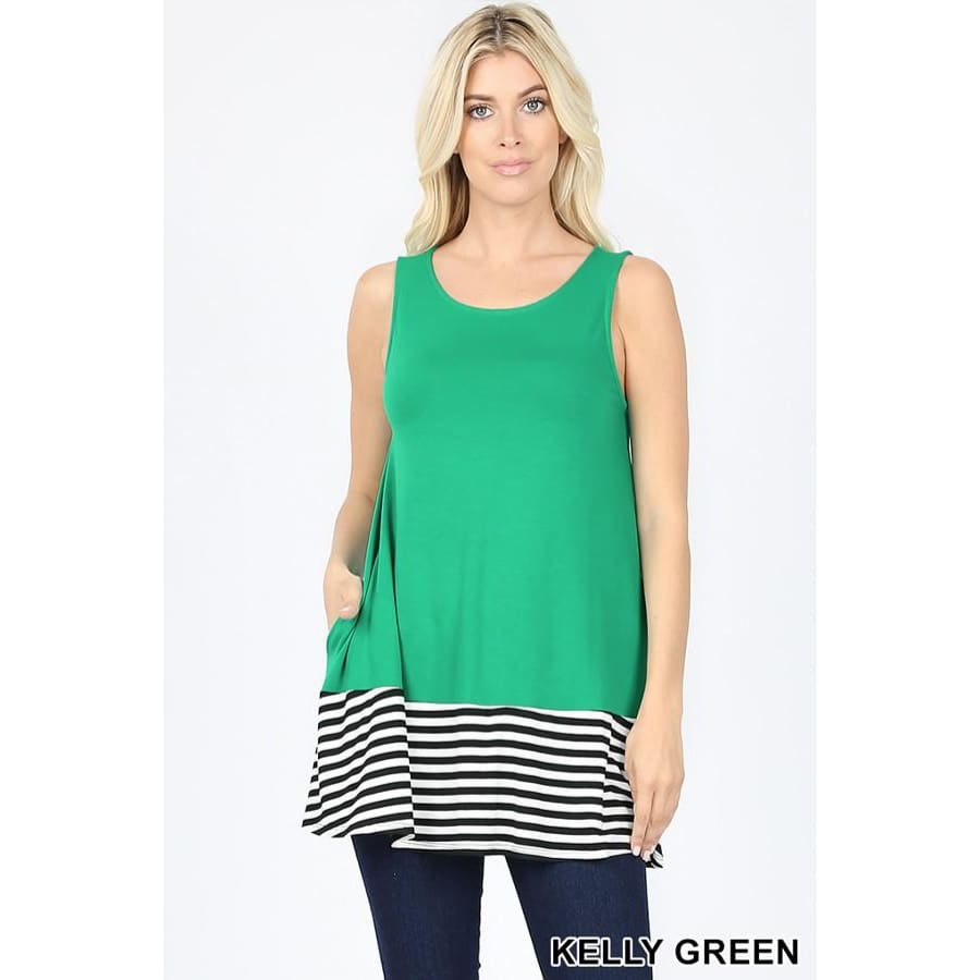 NEW! Striped &amp; Solid Contrast Sleeveless Top With Pockets Kelly Green / S Tops