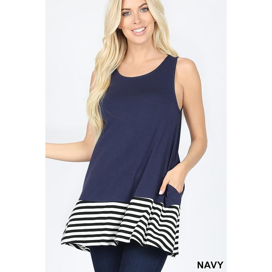 NEW! Striped &amp; Solid Contrast Sleeveless Top With Pockets Navy / S Tops