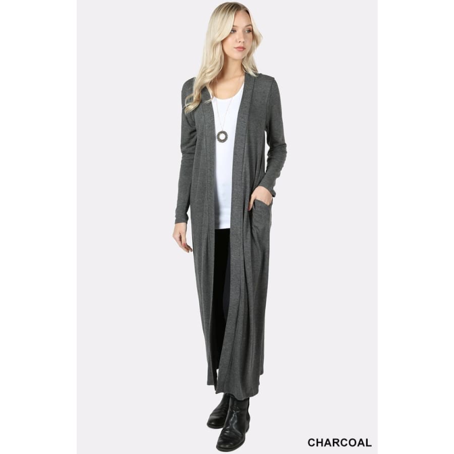 New! Sweater Open Front Duster Long Cardigan With Side Pockets S / Charcoal Coverups