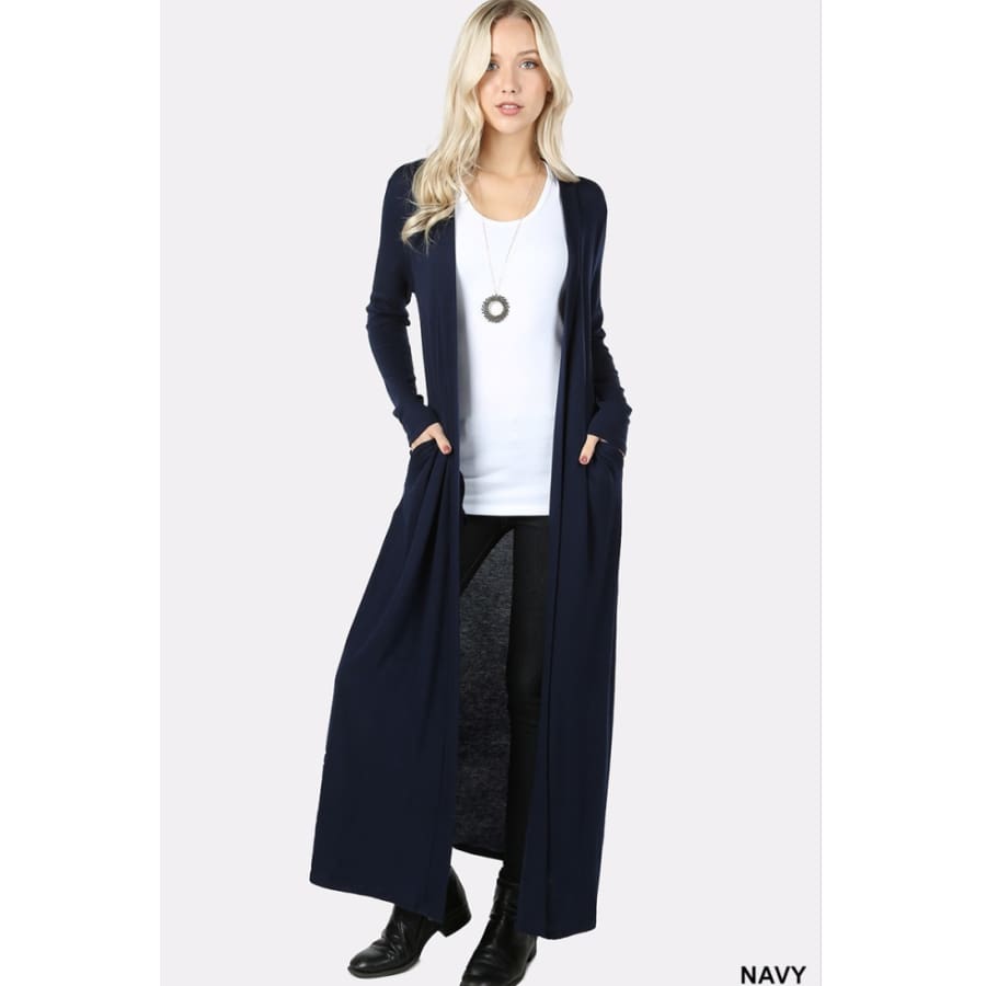 New! Sweater Open Front Duster Long Cardigan With Side Pockets S / Navy Coverups