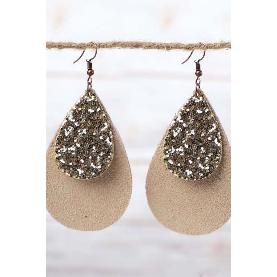 Tan Leather Teardrop with Gold Glitter Accent Copper Earrings