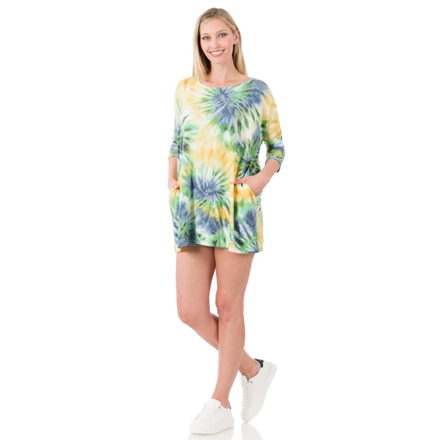 New! Tie Dye Drop Shoulder Boxy Top with Side Pockets Tops