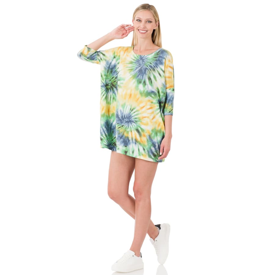 New! Tie Dye Drop Shoulder Boxy Top with Side Pockets Tops
