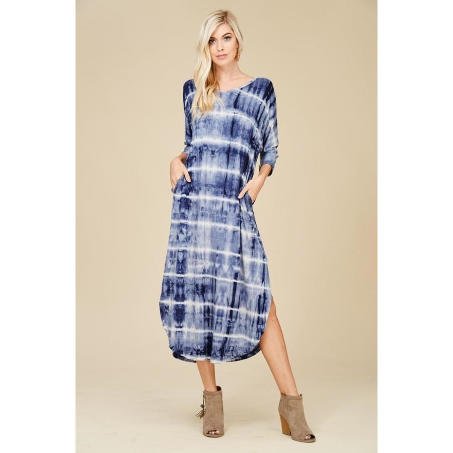 Tie Dye Print 3/4 Sleeve Low Back Maxi Dress Dresses