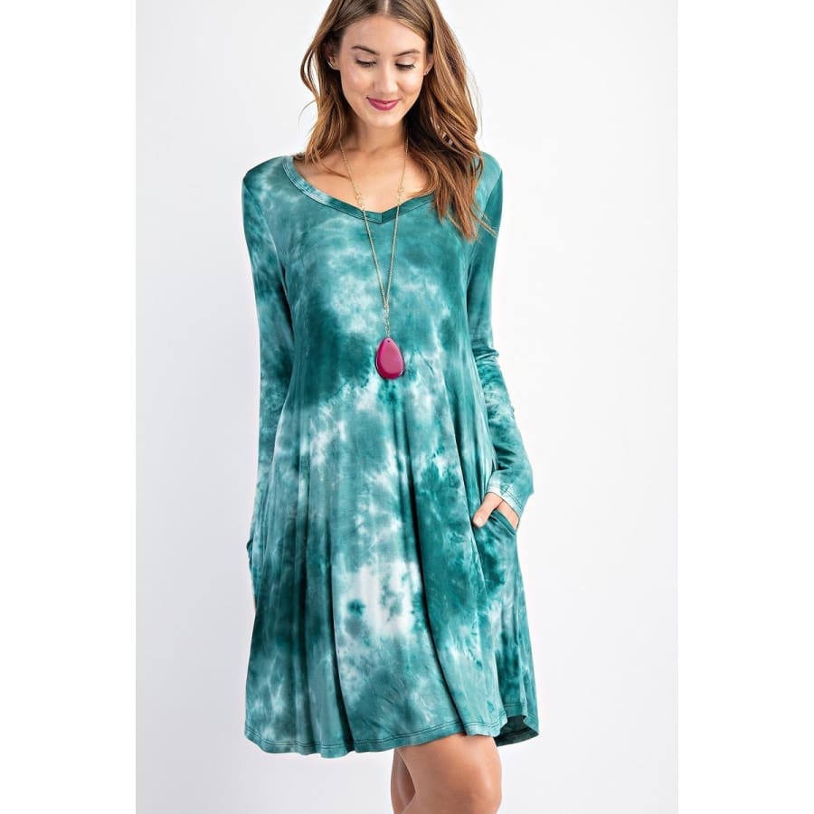 NEW! Tie Dye Print V-Neck Long Sleeve Swing Dress with Pockets Jade / S Dress
