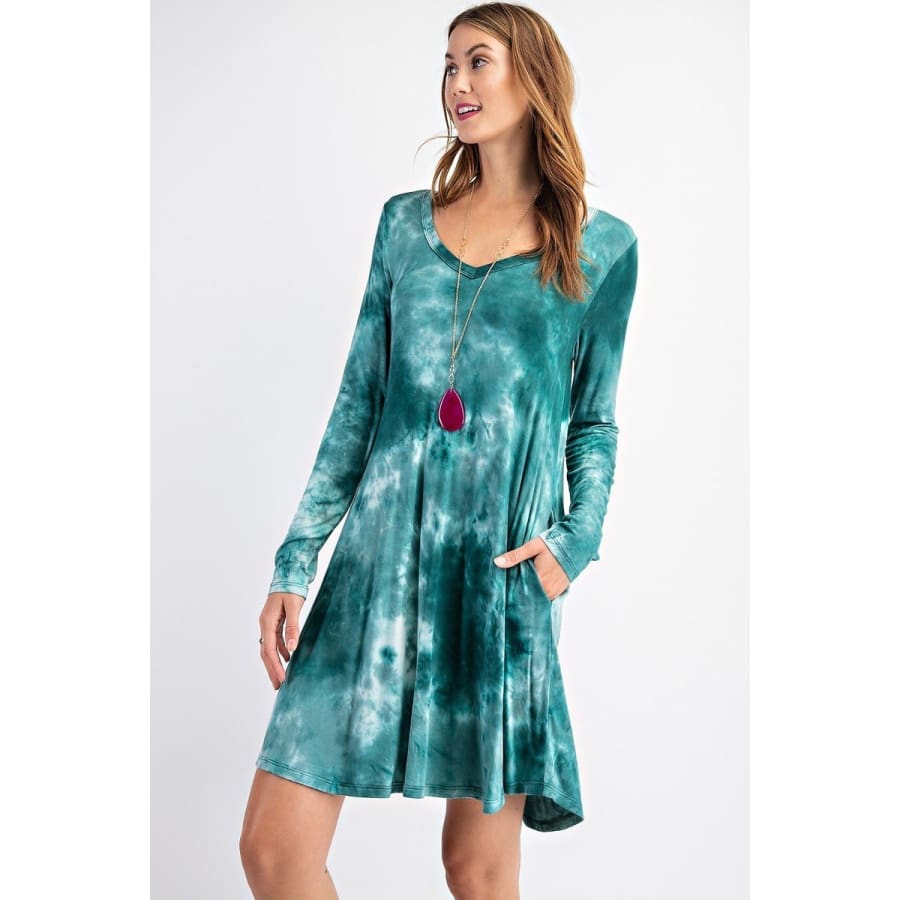 NEW! Tie Dye Print V-Neck Long Sleeve Swing Dress with Pockets Dress