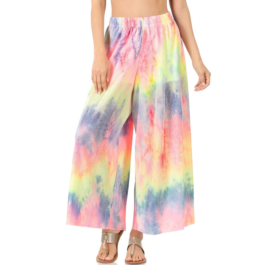 NEW! Tie Dye Ribbed Wide Leg Pants with Lining - Elastic Waistband S / Neon Multi Pants