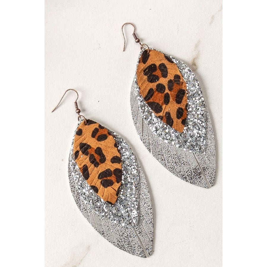 Tiered Fringed Leopard Leaf Earrings Silver Glitter Earrings