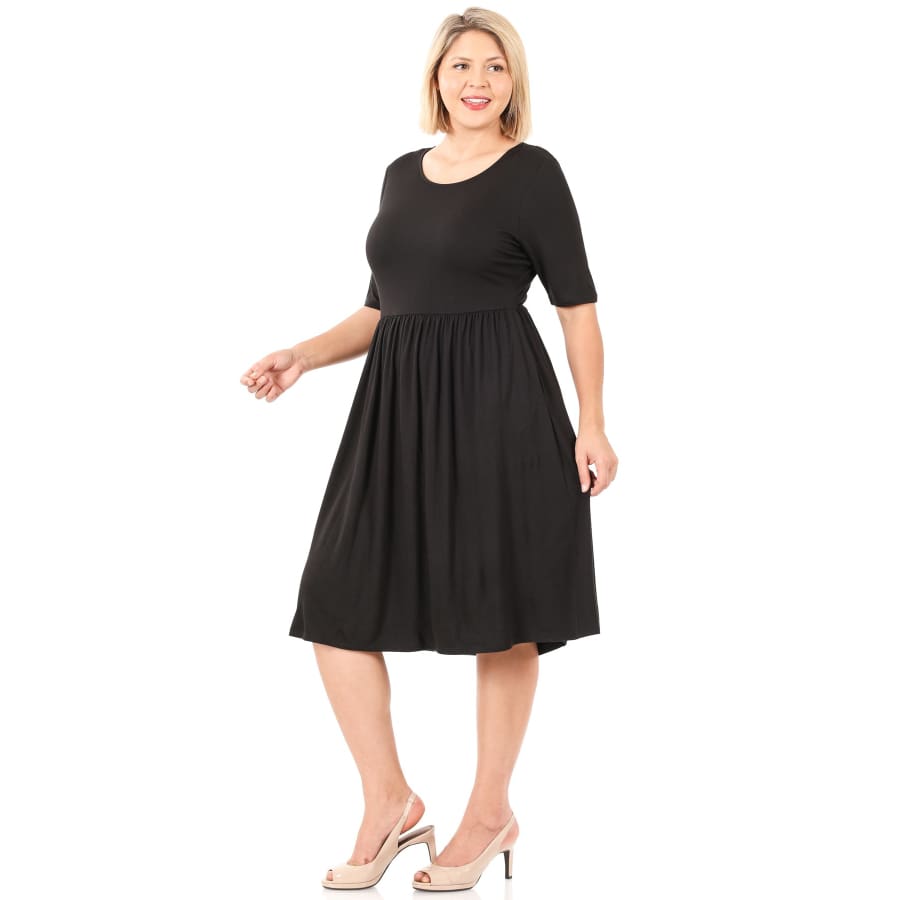 NEW! Viscose Half Sleeve Dress With Waist Shirring and Pockets! Black / 1XL Dresses