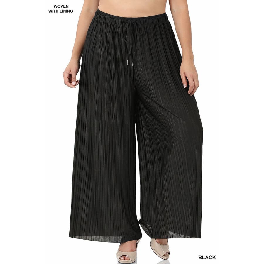NEW! Woven Pleated Wide Leg Pants with Lining - Drawstring Elastic Waist 1XL / Black Pants