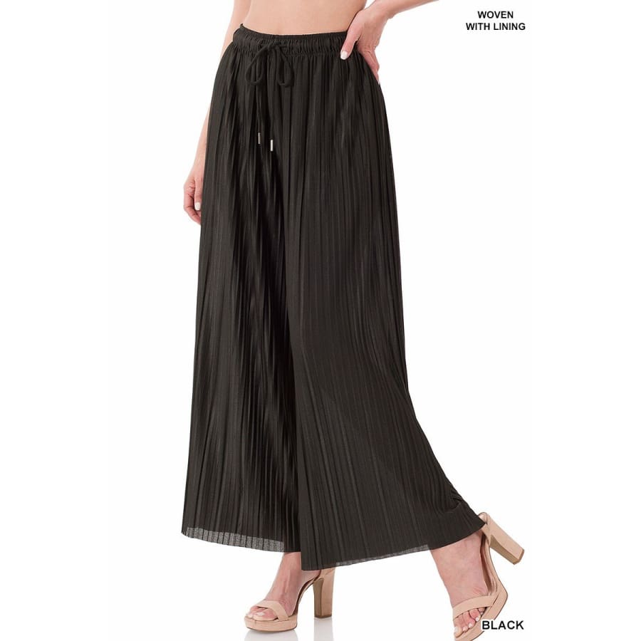 NEW! Woven Pleated Wide Leg Pants with Lining - Drawstring Elastic Waist S / Black Pants