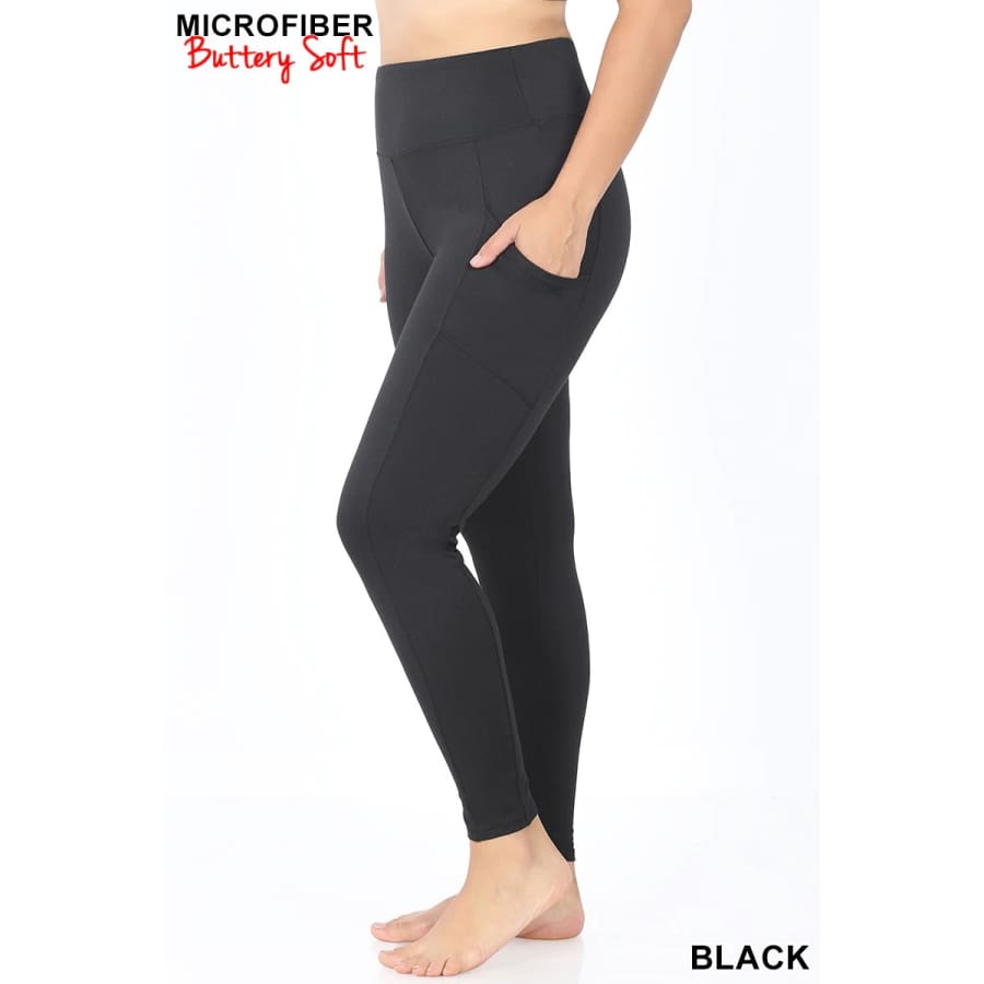 Yoga Waist Microfibre Leggings with Side Pocket - Black 1X Loungewear