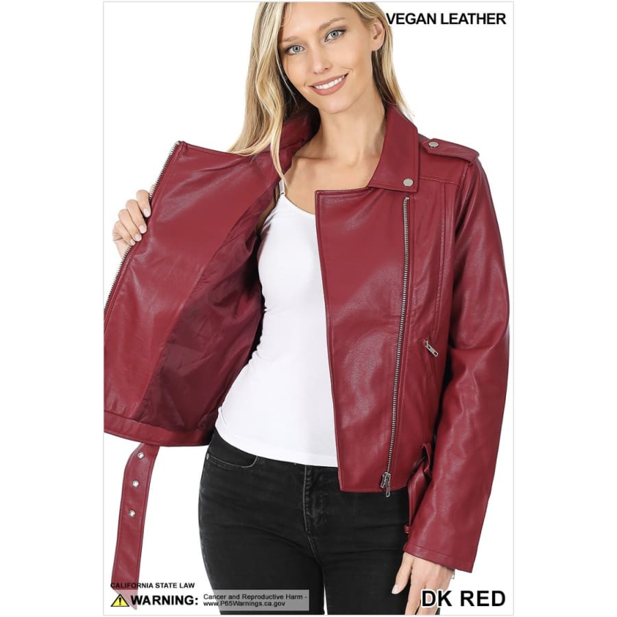PREORDER! Vegan Leather Belted Moto Jacket - arriving late January Dark Red / S Jacket