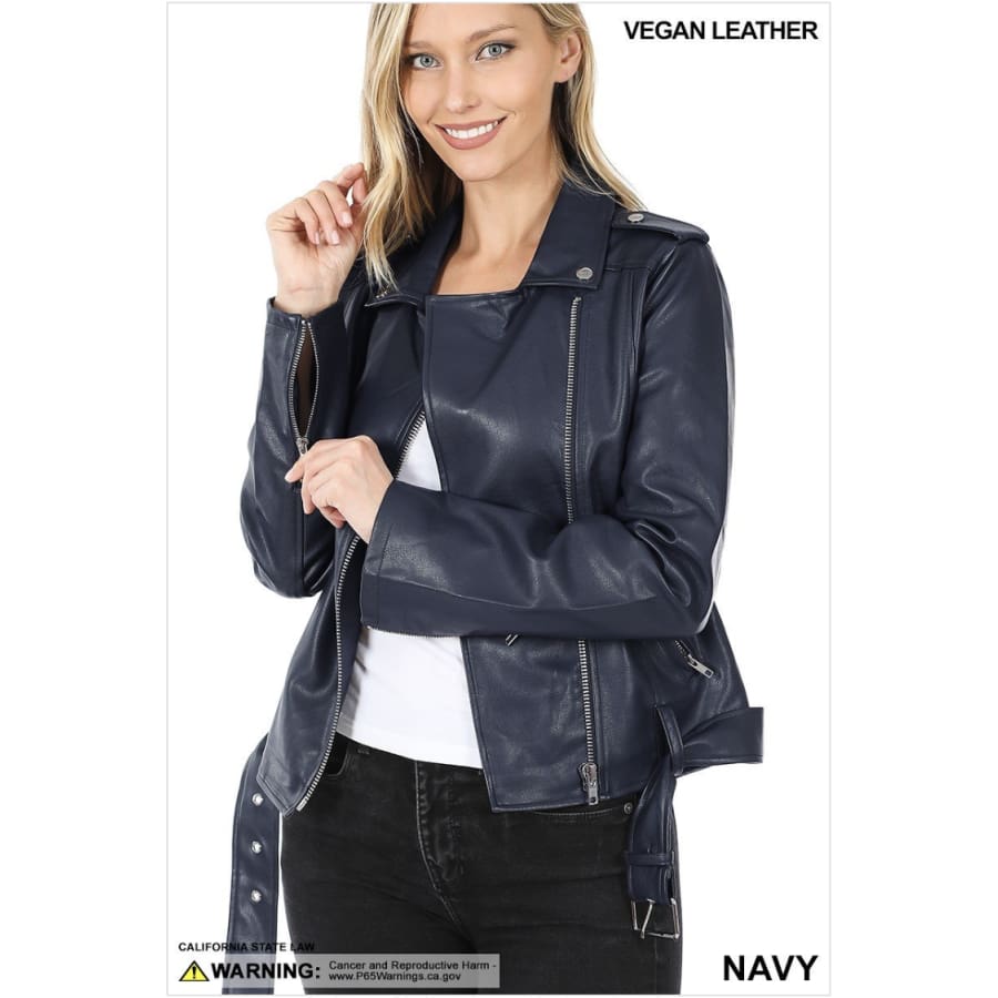 PREORDER! Vegan Leather Belted Moto Jacket - arriving late January Navy / S Jacket